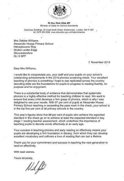 Letter of congratulations from Nick Gibb MP